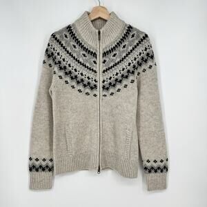 L.L. Bean Lambswool Fair Isle Cardigan Sweater Jacket Womens S Beige Black Zip